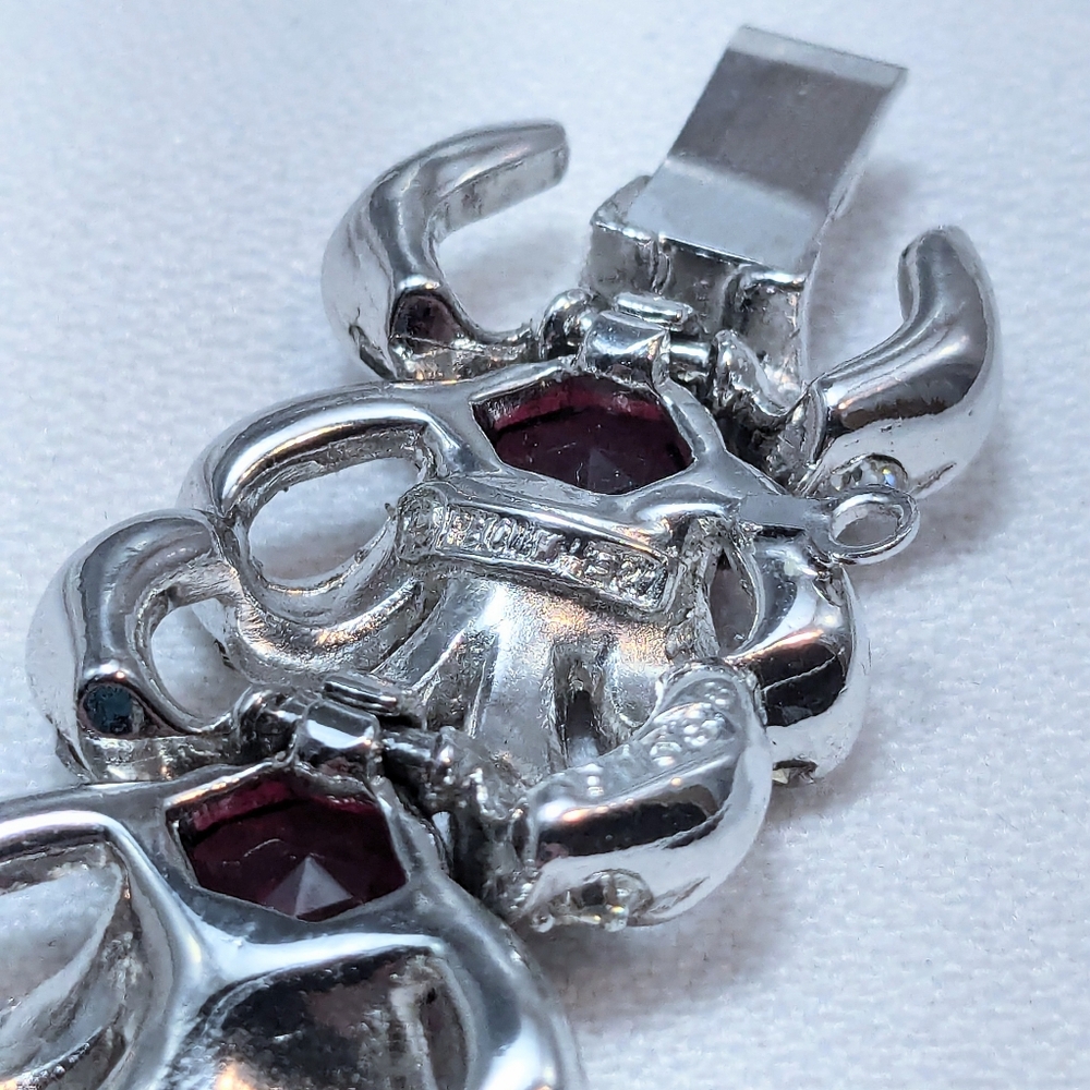 Vintage Marcel Boucher Ruby Coloured Glass Rhodium Plated Bracelet - Picture 9 of 13